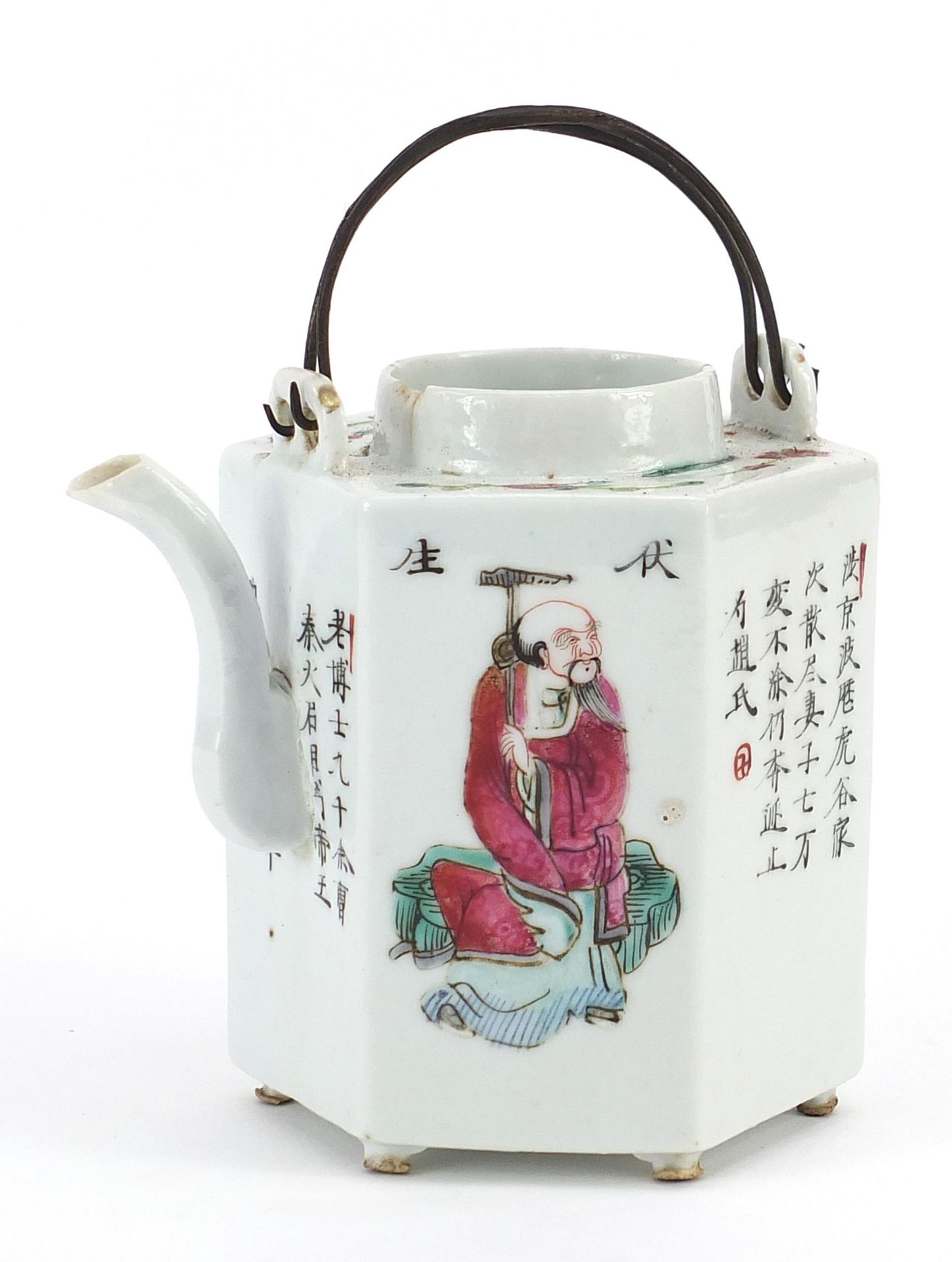 Chinese porcelain hexagonal teapot hand painted in the famille rose palette with figures and