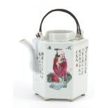 Chinese porcelain hexagonal teapot hand painted in the famille rose palette with figures and