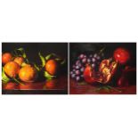 Still life fruit, pair of oil on boards, indistinctly signed, possibly Martin, mounted and framed,