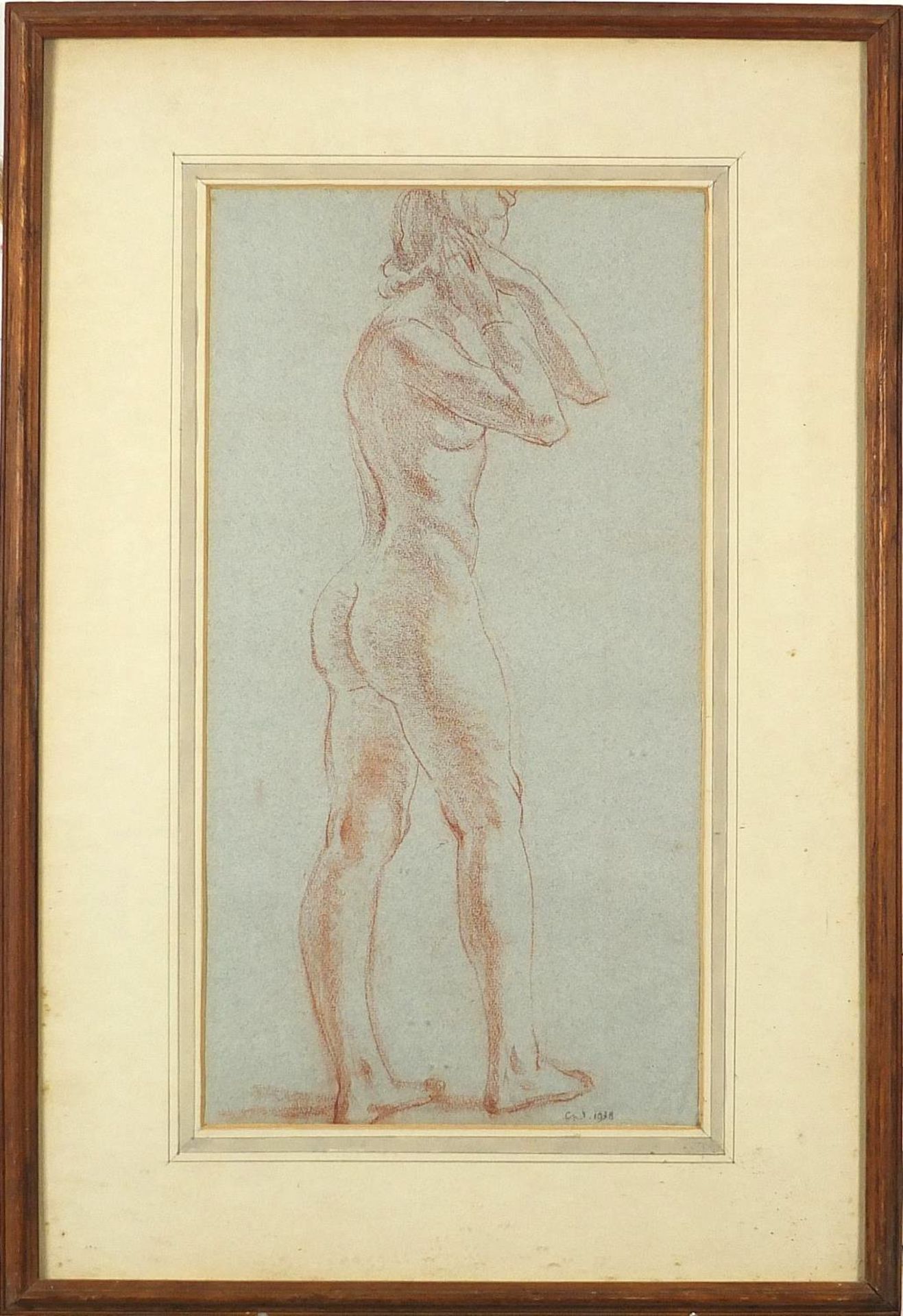 Full length portrait of a standing nude female, sanguine chalk, inscribed in ink verso Charles - Bild 2 aus 5