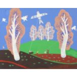 Figures flying kites before a landscape, surreal Mongolian school gouache, framed and glazed, 49cm x