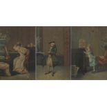 Gentlemen wearing a frock coat, seated lady and child with a bird, set of three 19th century oil