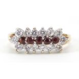 9ct gold red and clear stone three row ring, size L, 2.4g