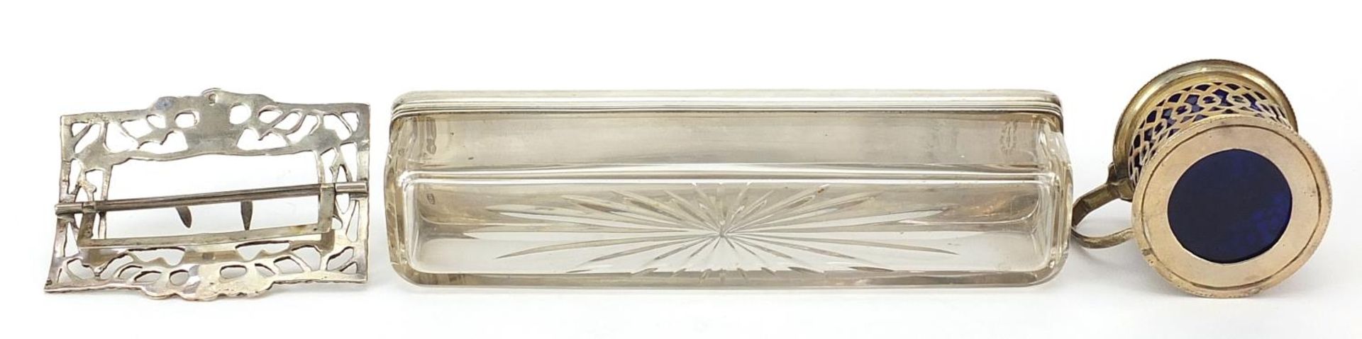 Silver objects comprising rectangular glass jar with silver lid retailed by Asprey, belt buckle - Image 3 of 5