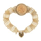 9ct gold five row gate bracelet with Elizabeth II 2001 gold half sovereign, 18cm in length, 16.3g