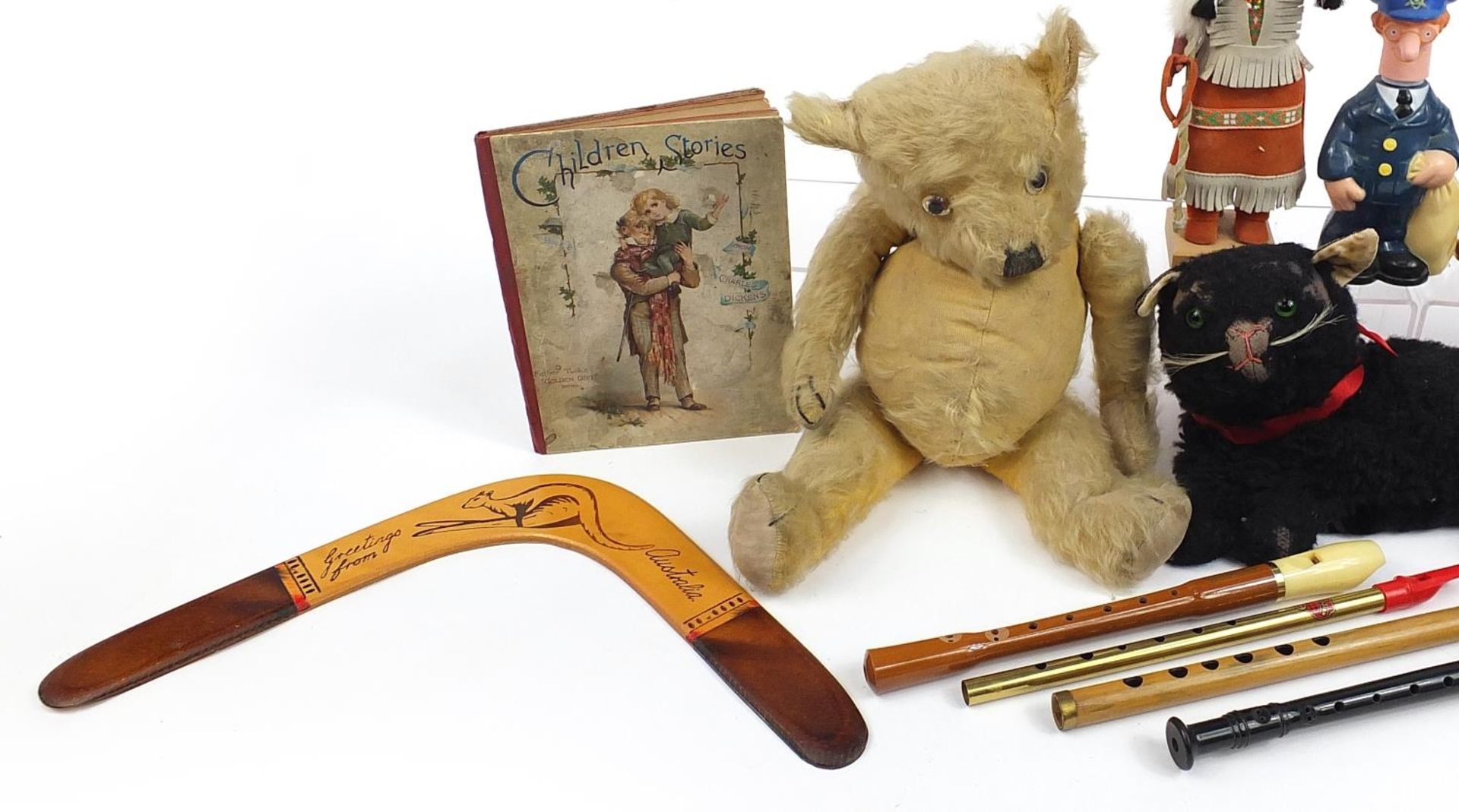 Vintage and later toys including an antique golden teddy bear, recorder instruments and black cat - Image 2 of 4