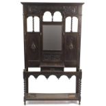 Antique carved oak hall stand with mirrored back and glove box, 215cm H x 122cm W x 31cm D