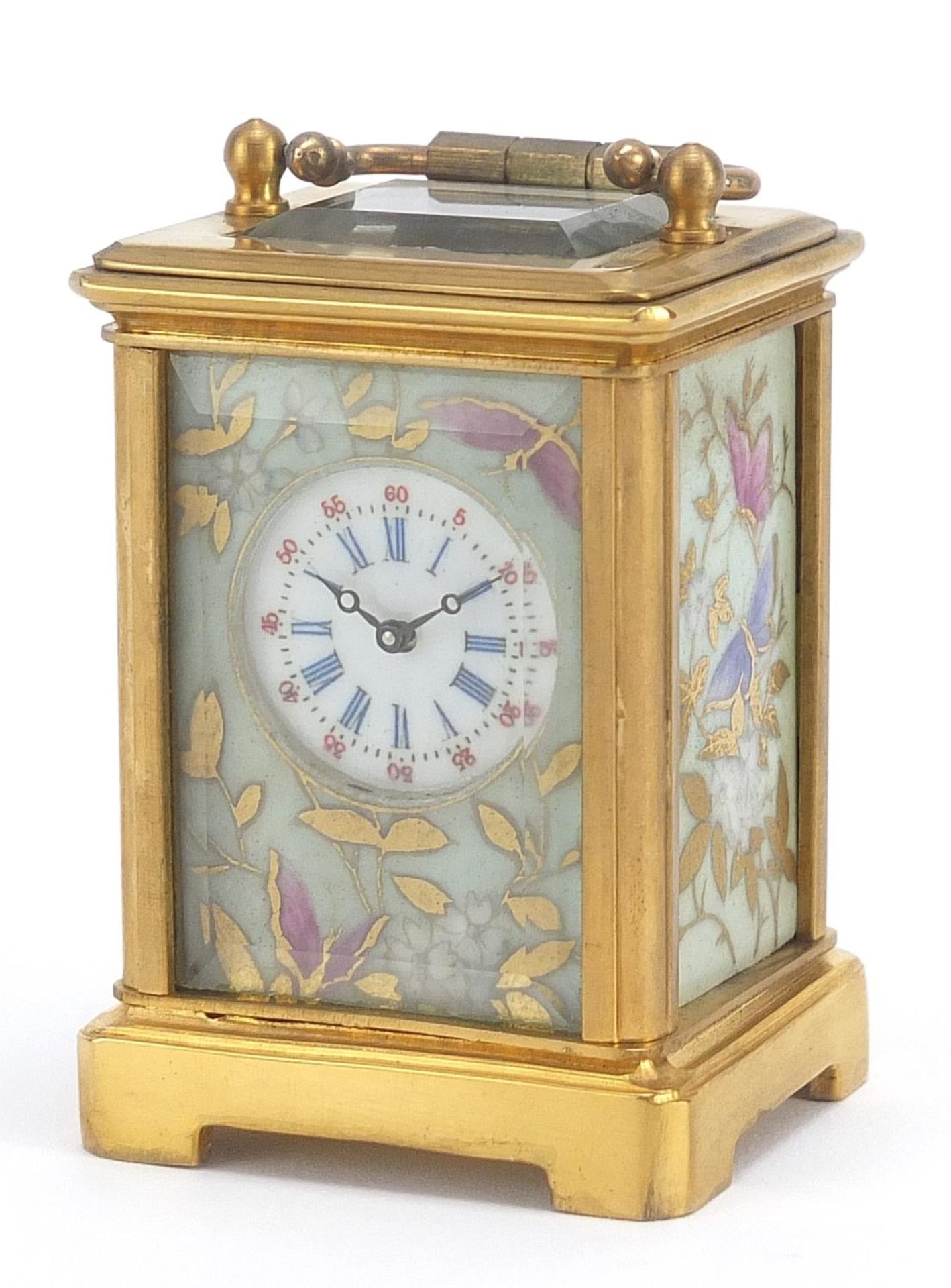 Miniature brass cased carriage clock with Sevres style panels, 6cm high