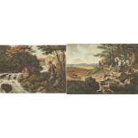 Hare Hunting and Minnow Fishing, pair of late 18th century prints in colour, each framed and glazed,