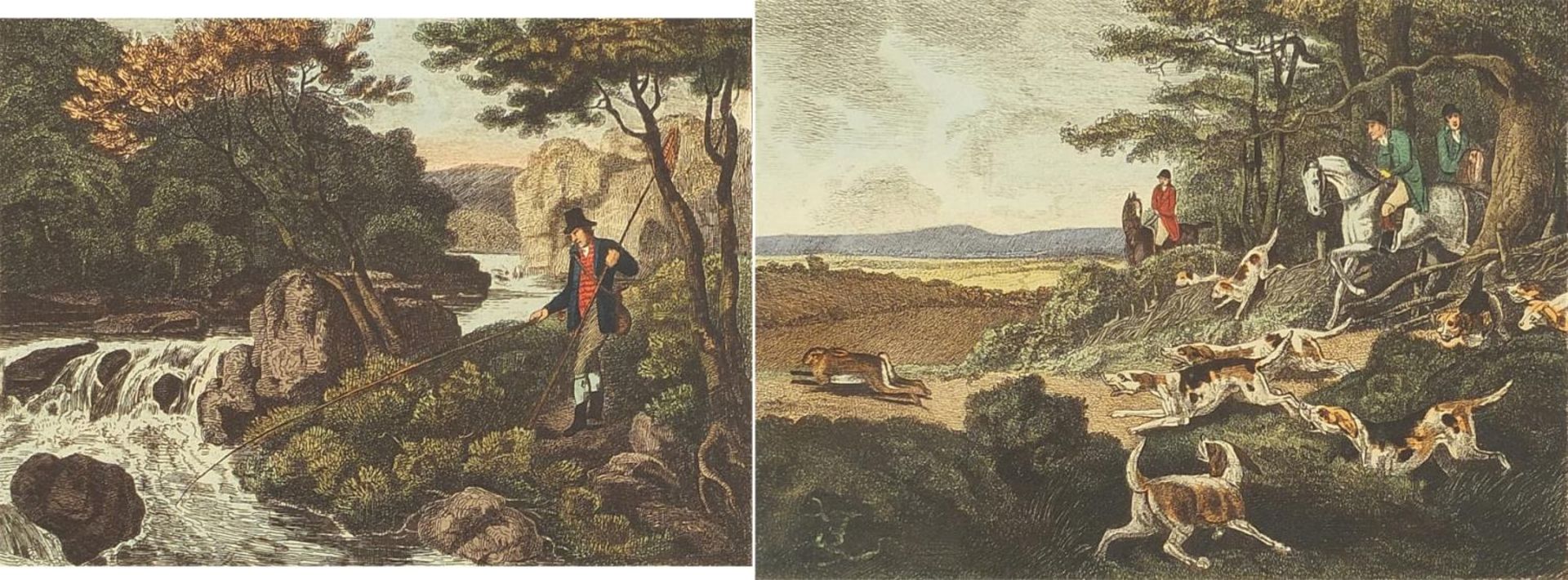 Hare Hunting and Minnow Fishing, pair of late 18th century prints in colour, each framed and glazed,