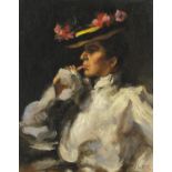 After Gaston La Touche, portrait of a female wearing a hat, French oil on board, mounted and framed,