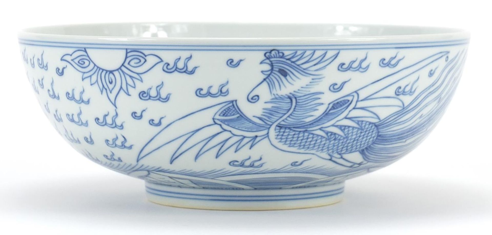 Chinese blue and white porcelain bowl hand painted with a dragon and phoenix amongst clouds, six - Image 2 of 3