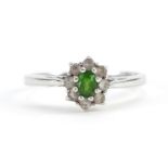 9ct white gold green and clear stone ring, size N, 2.1g