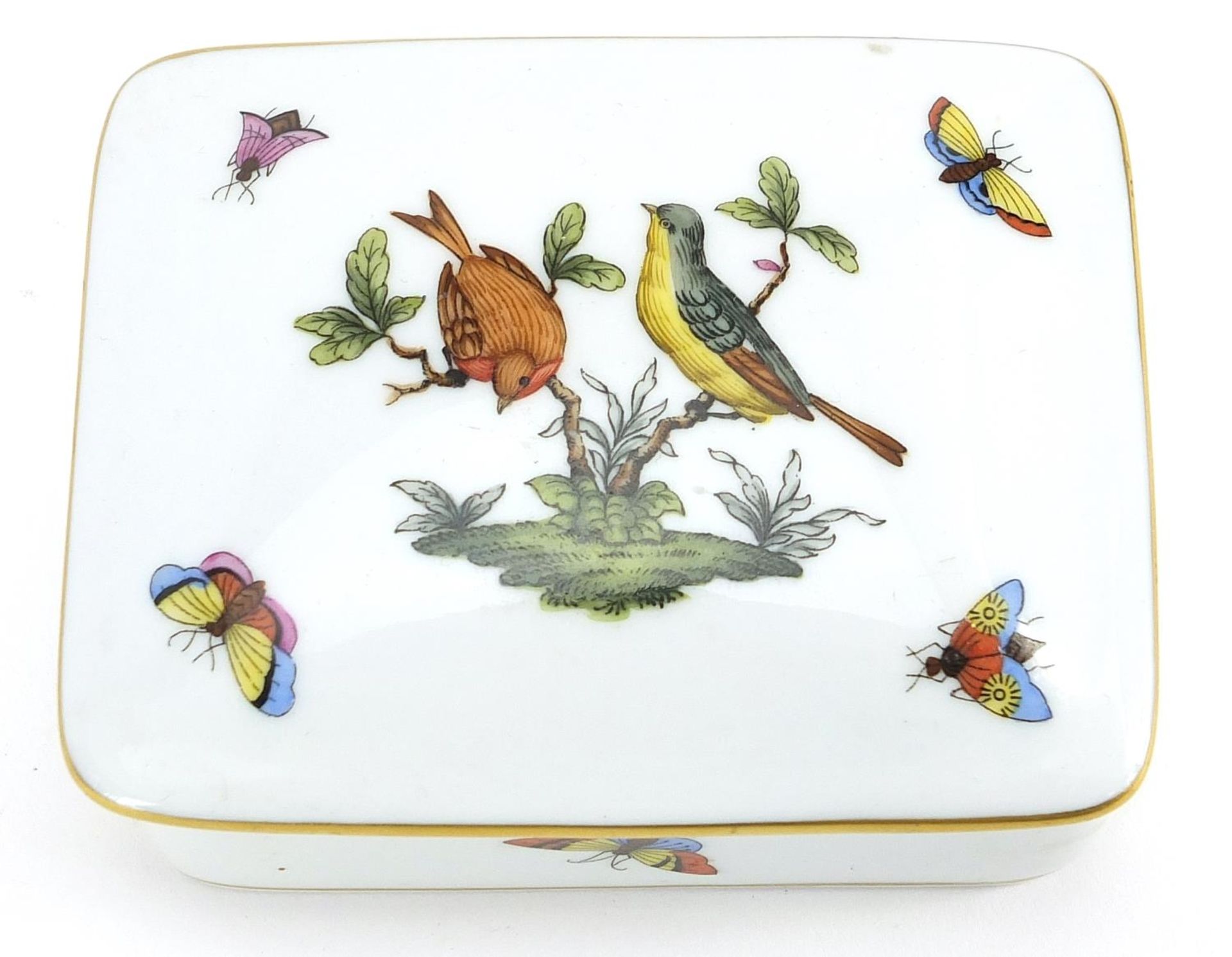 Herend of Hungary, porcelain box and cover hand painted in the Rothschild bird pattern, 10cm wide - Image 2 of 4