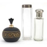 Globular black glass scent bottle with 9ct gold mounts and two clear glass scent bottles, one with