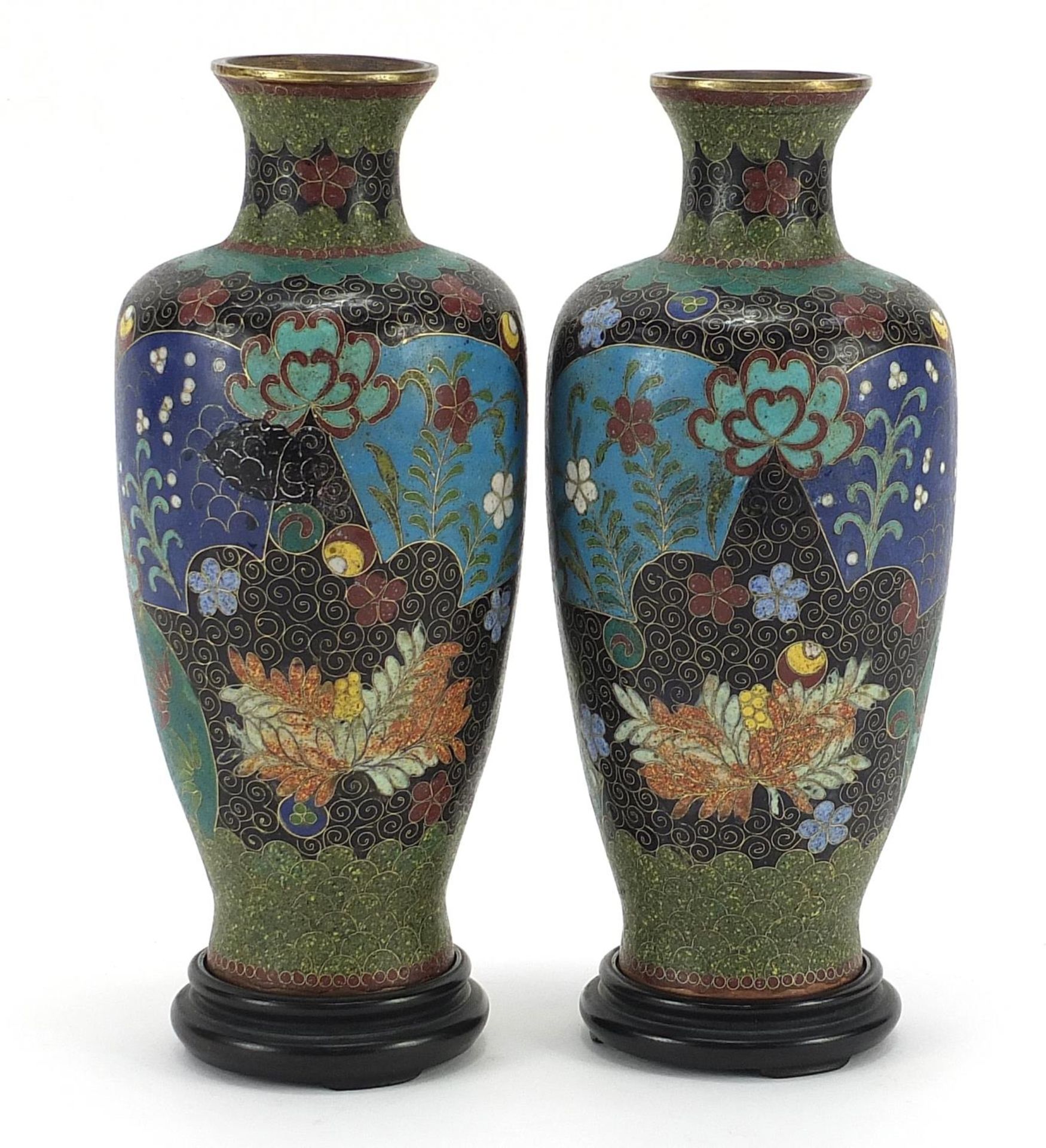 Pair of Japanese cloisonne vases on hardwood stands, each enamelled with flowers within fan - Image 2 of 3