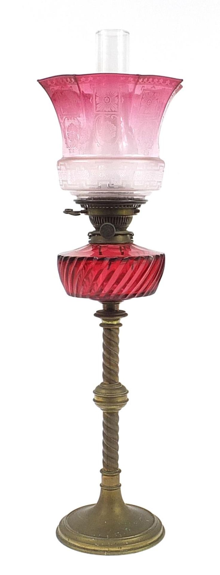 Victorian brass oil lamp with cranberry glass reservoir and shade, impressed Hinks & Sons, 69cm high - Image 2 of 4