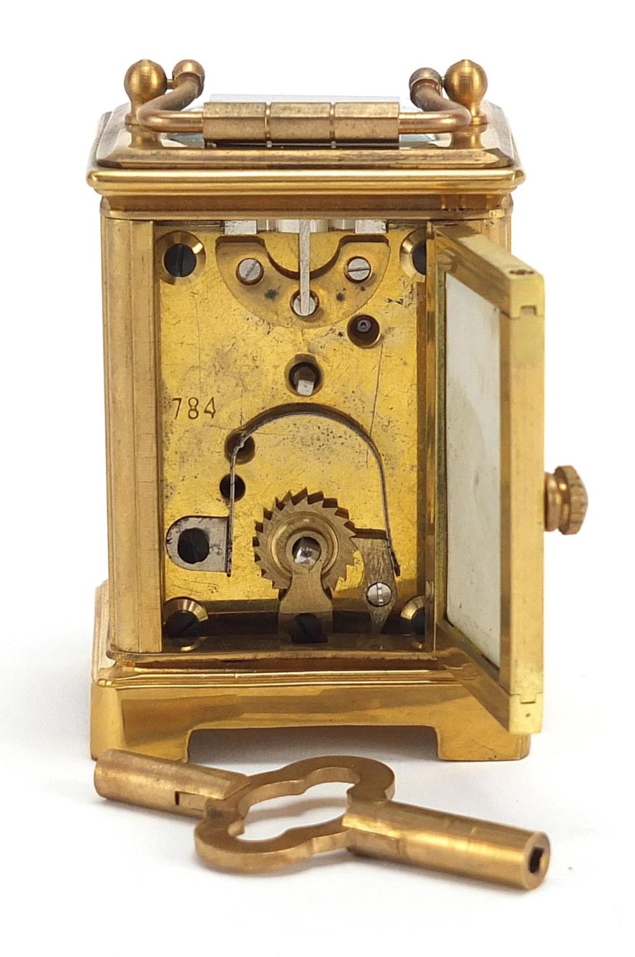 Miniature brass cased carriage clock with Sevres style panels, 6cm high - Image 3 of 4