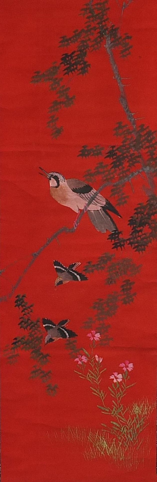 Three Chinese wall hanging scrolls hand painted with birds - Image 2 of 13