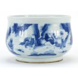 Chinese blue and white porcelain censer hand painted with monks in a landscape, 19cm in diameter