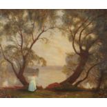 After Thomas Edwin Mostyn - Female before a lake, English school oil on canvas, mounted and