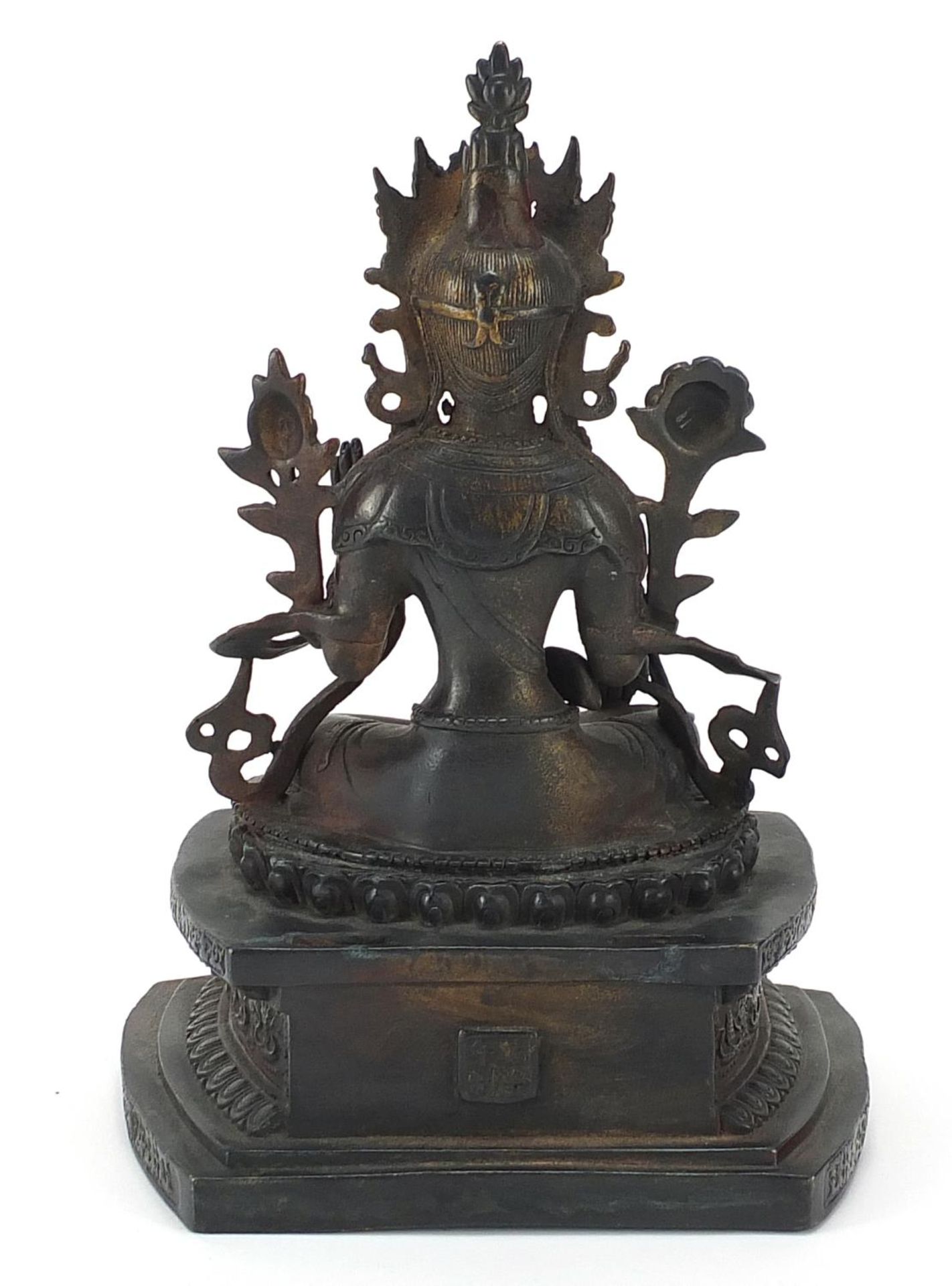 Chino Tibetan patinated bronze figure of Buddha, character marks to the reverse, 27cm high - Image 2 of 4