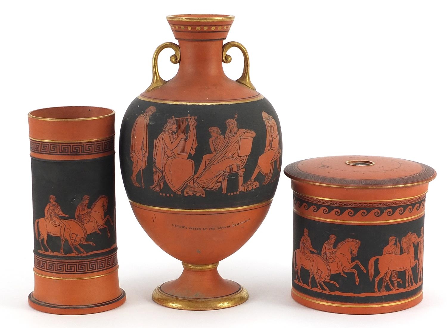 Three Bishops Waltham Egyptian style vessels including a vase titled Ulysses Weeps at the Song of