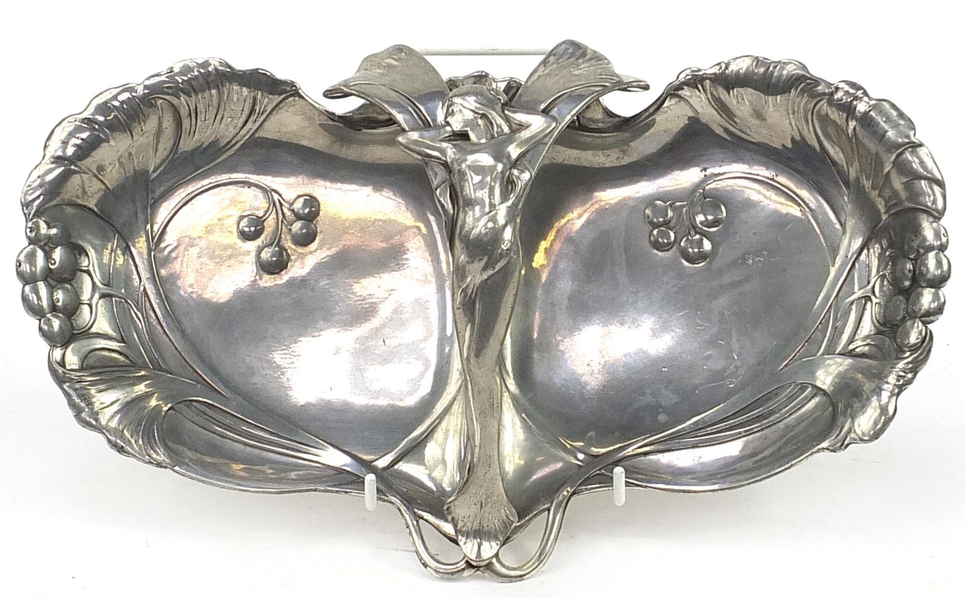 WMF, German Art Nouveau pewter swing meat dish with handle in the form of a nude female, 31cm wide - Image 3 of 4