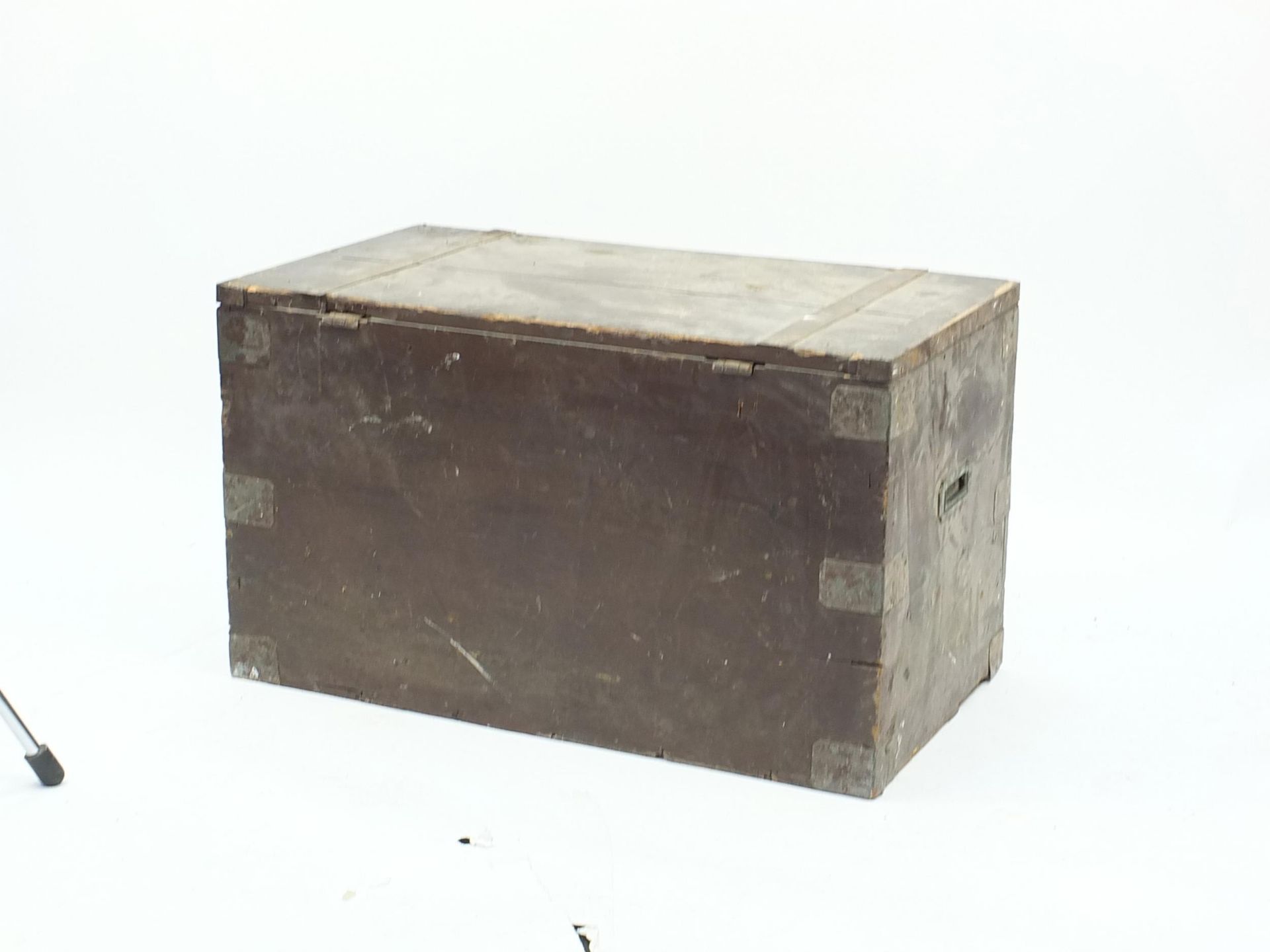 Victorian military interest metal bound pine trunk, 53cm H x 91cm W x 51cm D - Image 3 of 4