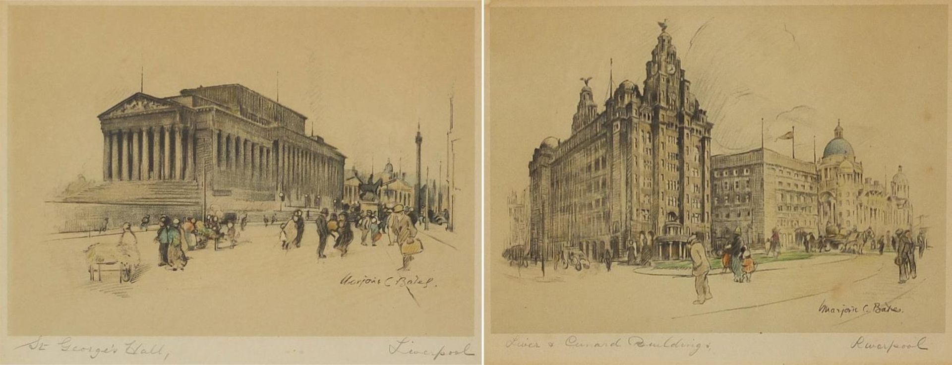 After Marjorie Christine Bates - St George's Hall, Liverpool and Cunard Buildings, pair of pencil