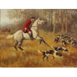 Harry Bishop - Huntsmen on horseback with hounds, oil on board, mounted and framed, 60cm x 46.5cm