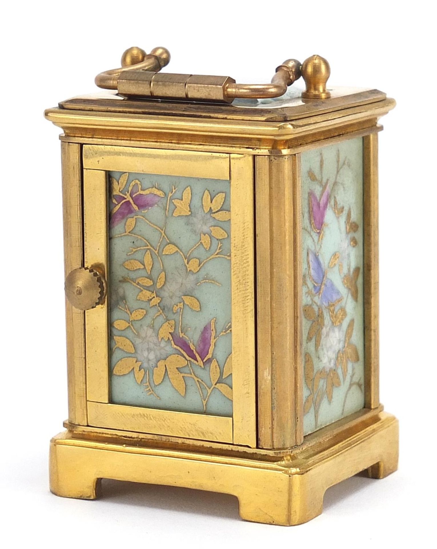 Miniature brass cased carriage clock with Sevres style panels, 6cm high - Image 2 of 4