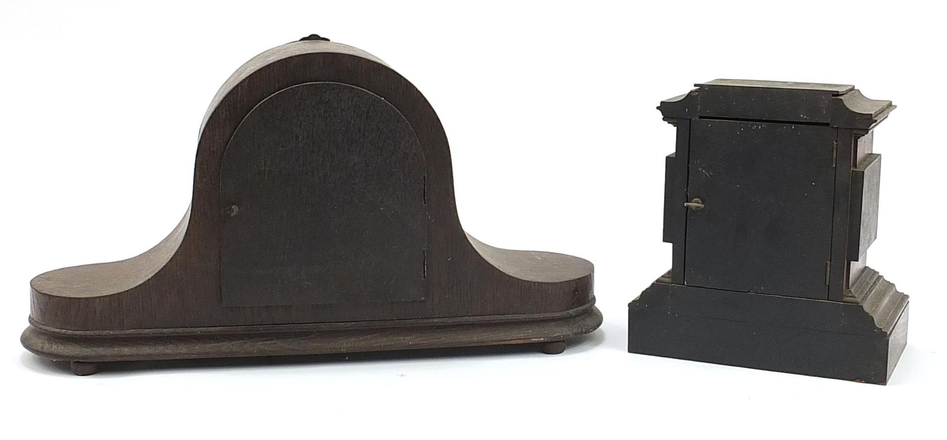 Oak cased Napoleon hat shaped striking mantle clock and one other with enamelled dial, the largest - Image 2 of 5