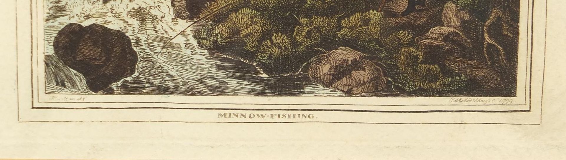 Hare Hunting and Minnow Fishing, pair of late 18th century prints in colour, each framed and glazed, - Image 4 of 10