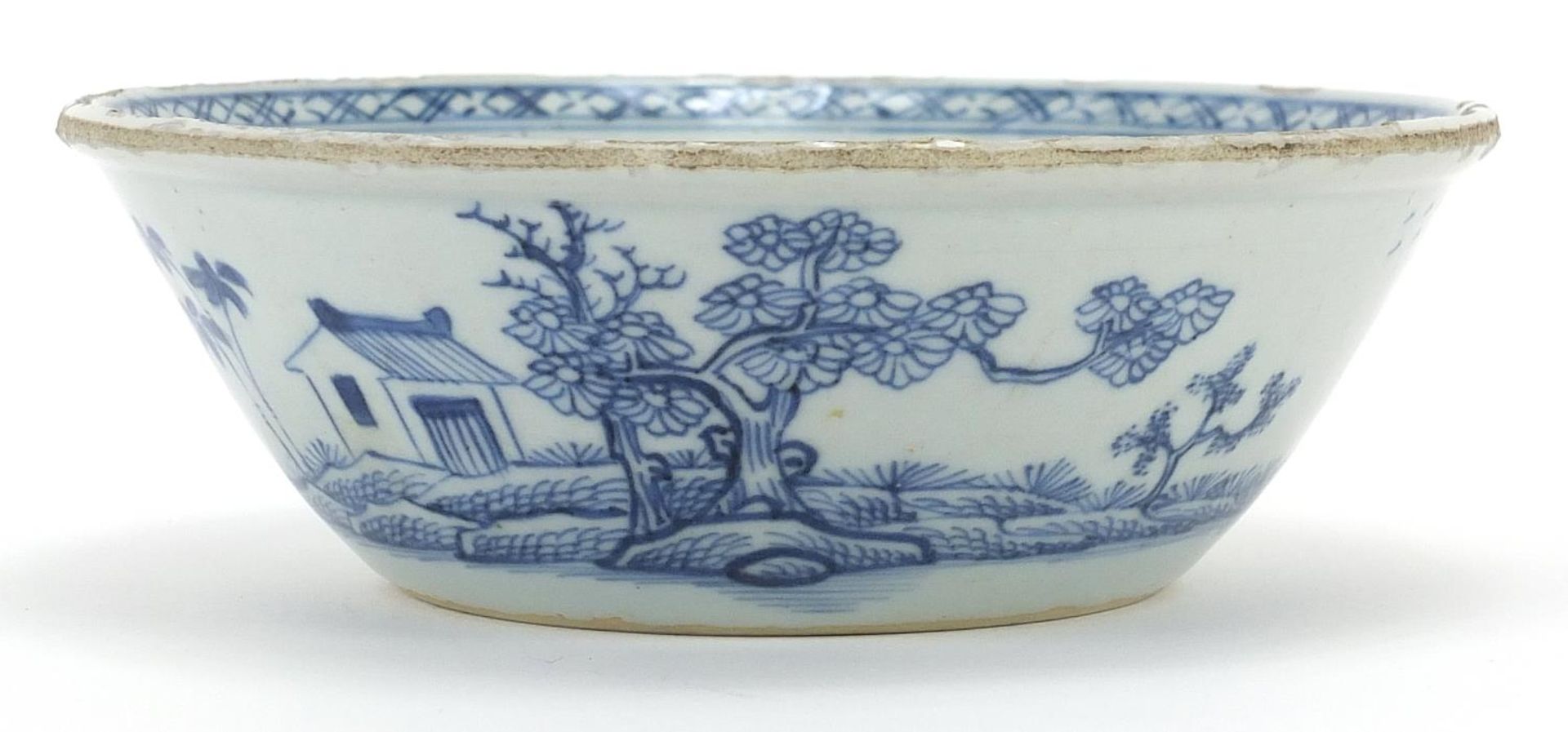 Chinese blue and white porcelain bowl hand painted with a river landscape and flowers, 15cm in - Image 2 of 4