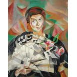 Female holding a fan, French Cubist school oil on board, mounted and framed, 50cm x 39cm excluding