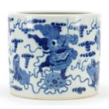 Chinese blue and white porcelain brush pot hand painted with qilins, blue ring marks to the base,