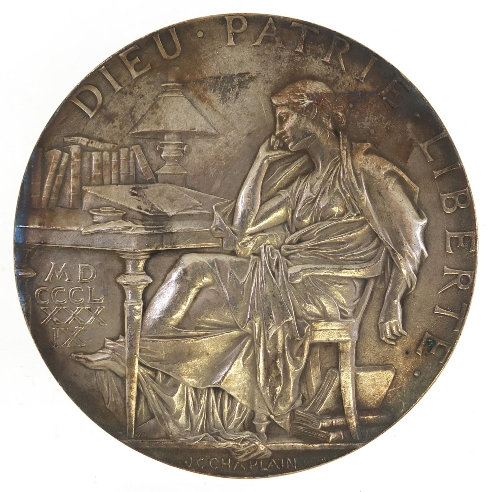 Jules-Clement Chaplain, large French silver plated medallion commemorating Simon Jules, 10cm in - Image 2 of 2