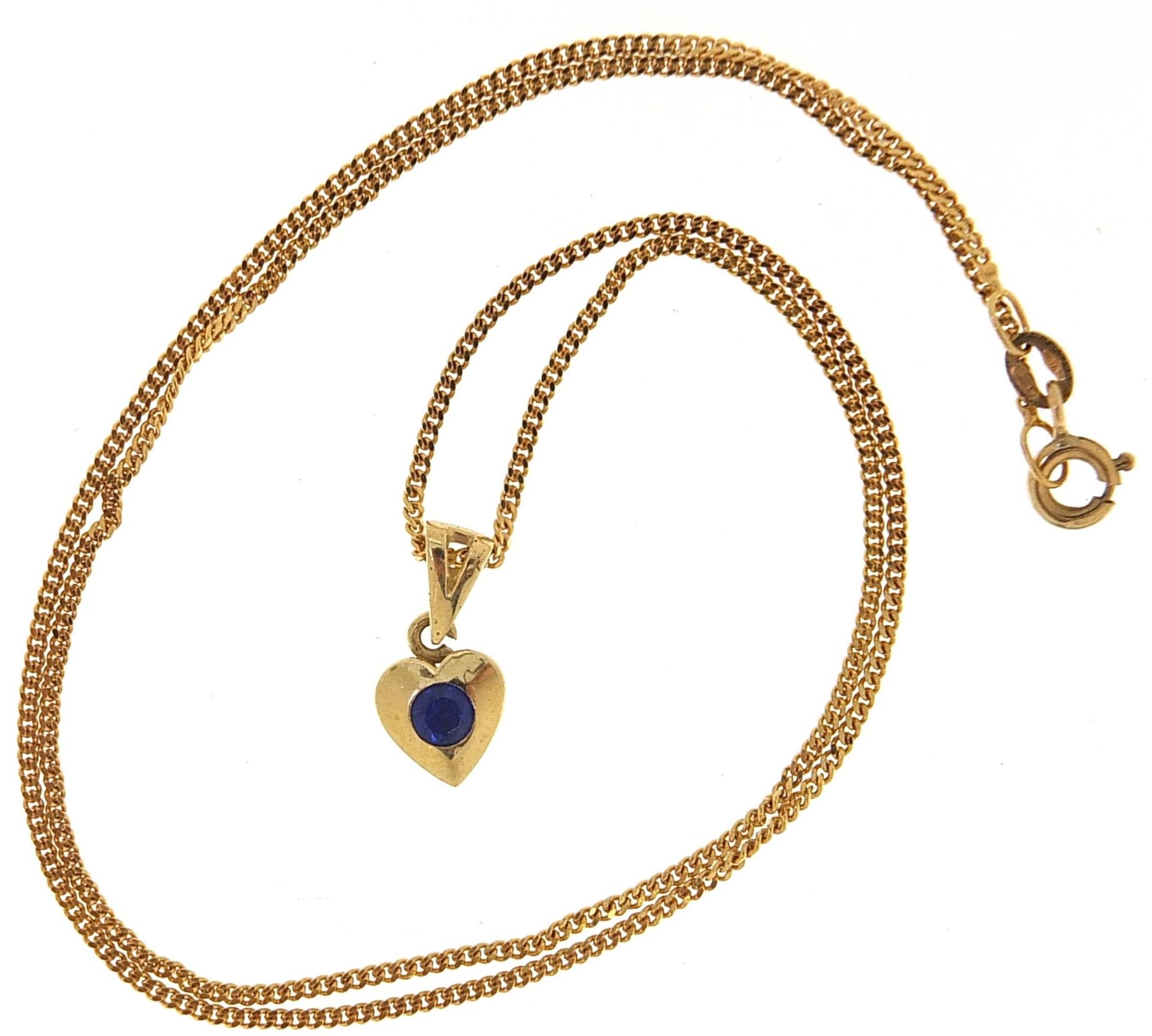 9ct gold necklace with a yellow metal love heart pendant set with a blue stone, 1.4cm high and - Image 2 of 3