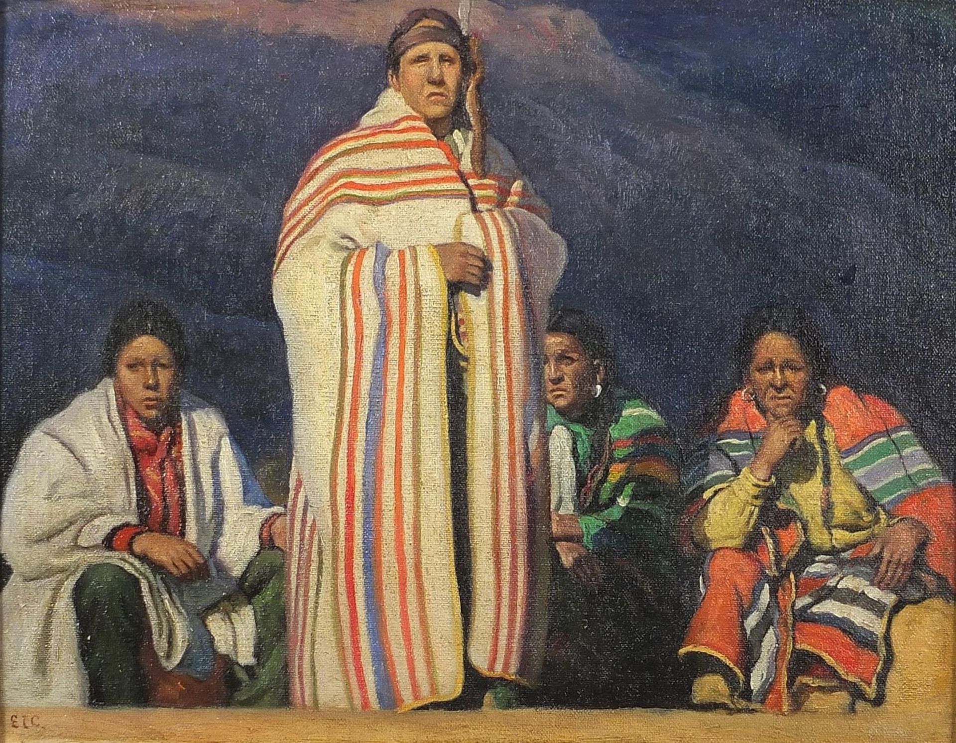 Four Red Indian figures wearing traditional dress, North American school oil on board, mounted and