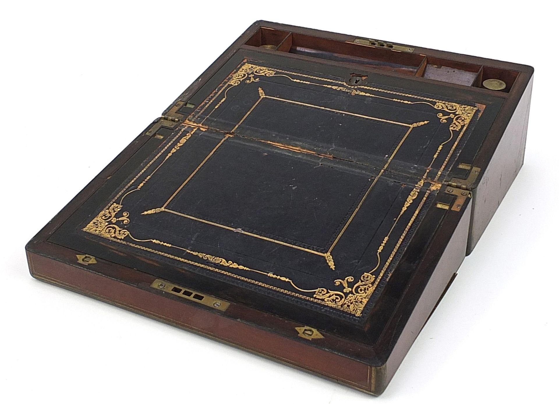 Victorian campaign style brass bound mahogany writing slope with coromandel interior, tooled leather - Image 2 of 4