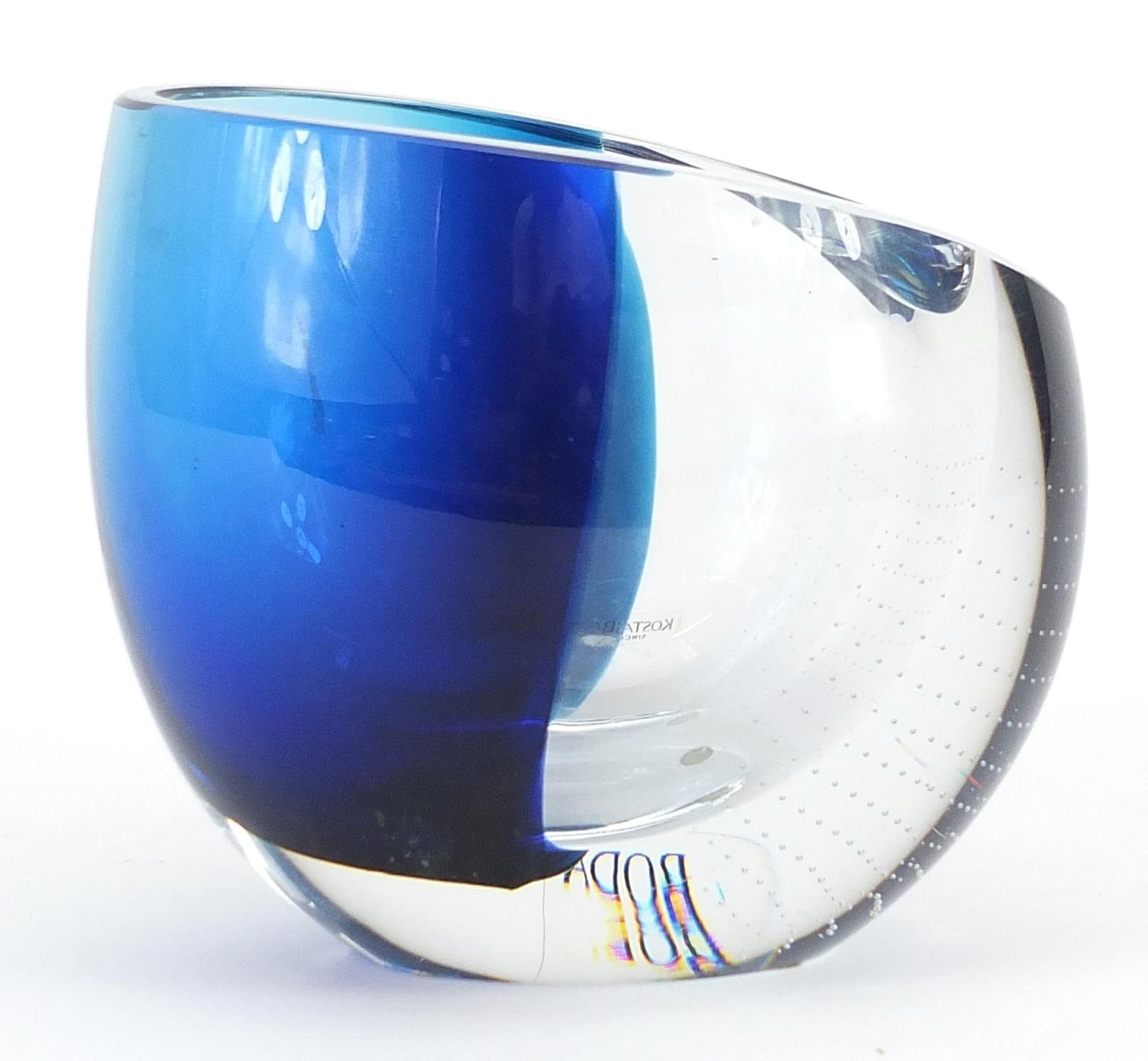 Goran Warff for Kosta Boda, Swedish blue and clear art glass vase, signed to the base, 12.5cm high