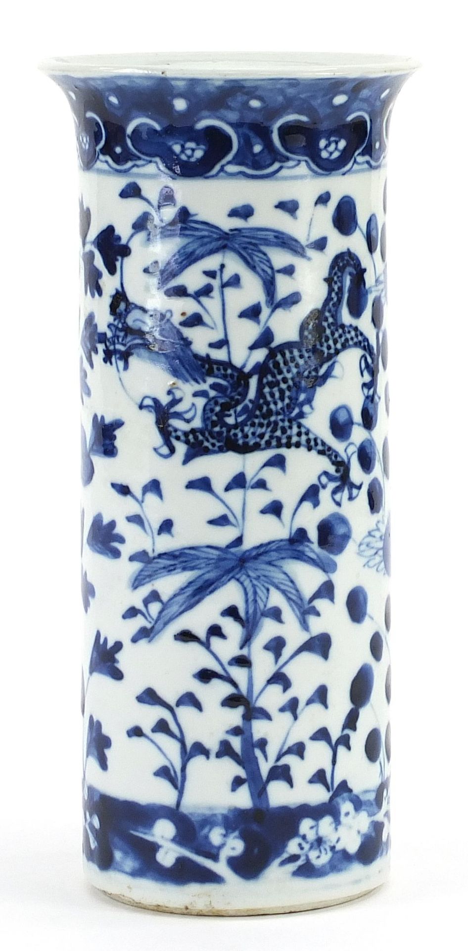 Chinese blue and white porcelain cylindrical vase hand painted with dragons amongst flowers, 20cm