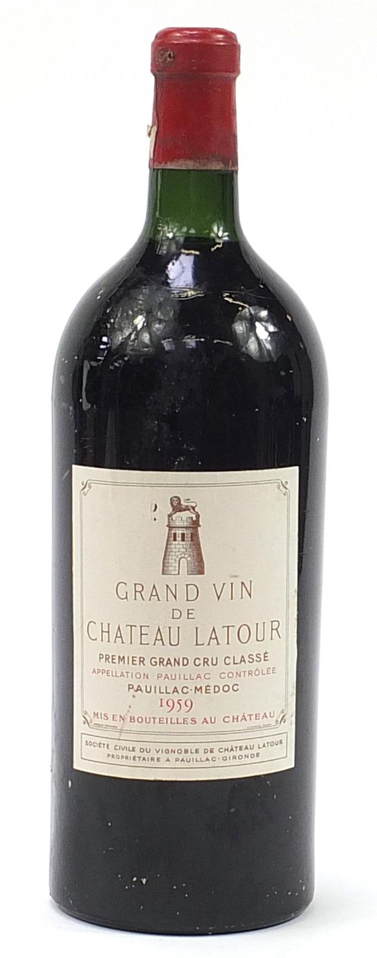 Double-magnum bottle of 1959 Chateau Latour red wine, John Harvey label to the reverse
