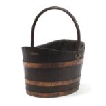 World War I Naval interest copper bound teak coal bucket with swing handle with plaque made from the