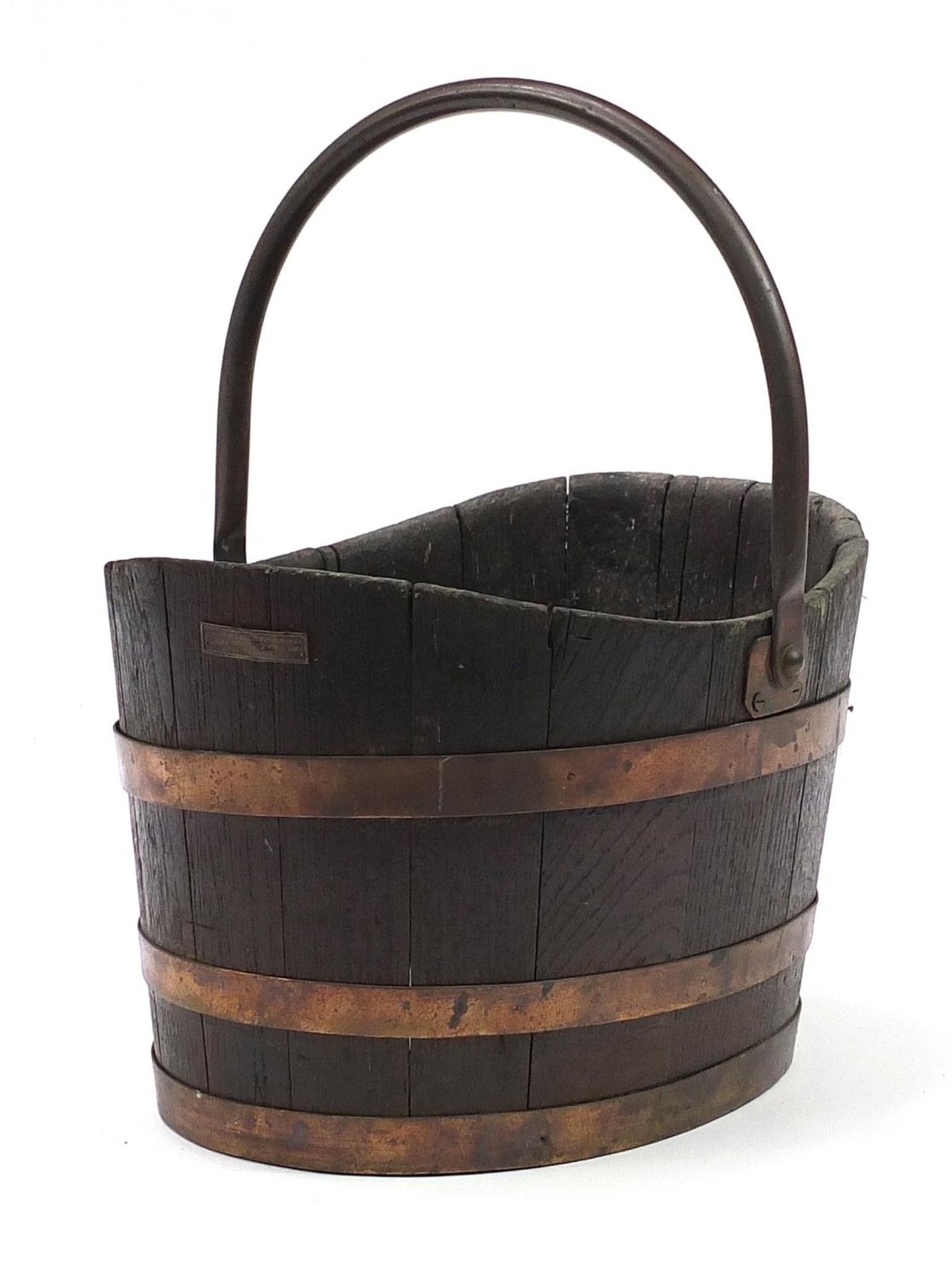 World War I Naval interest copper bound teak coal bucket with swing handle with plaque made from the