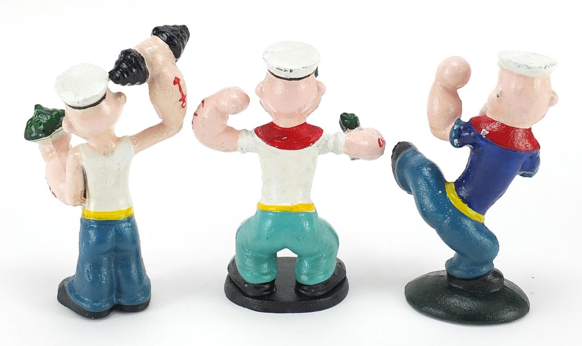 Three painted cast iron figures of Popeye, the largest 16cm high - Image 2 of 3