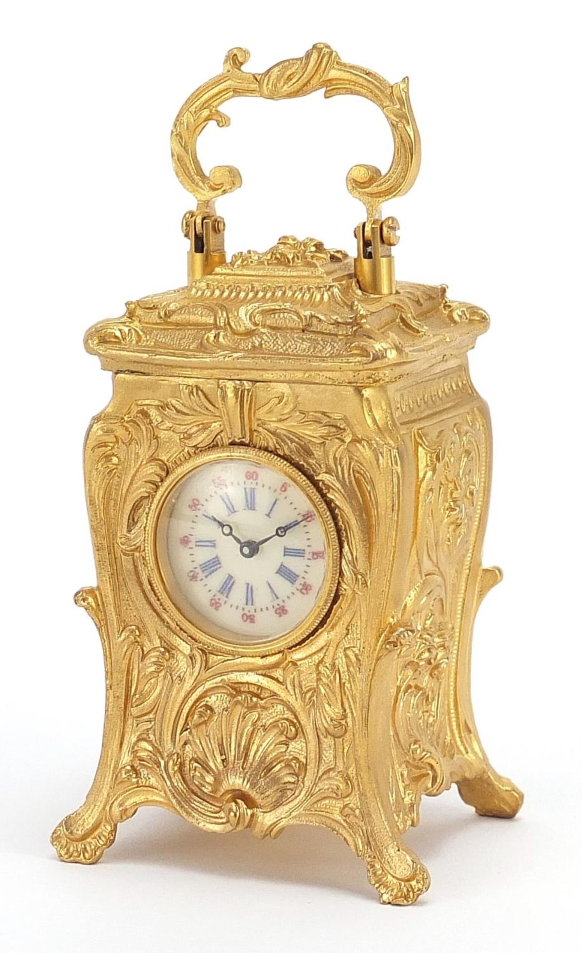 Miniature gilt brass Rococo style carriage clock, 8cm high