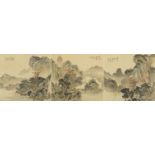 Mountainous landscapes and pagodas, set of three Chinese watercolours on silk, each with character