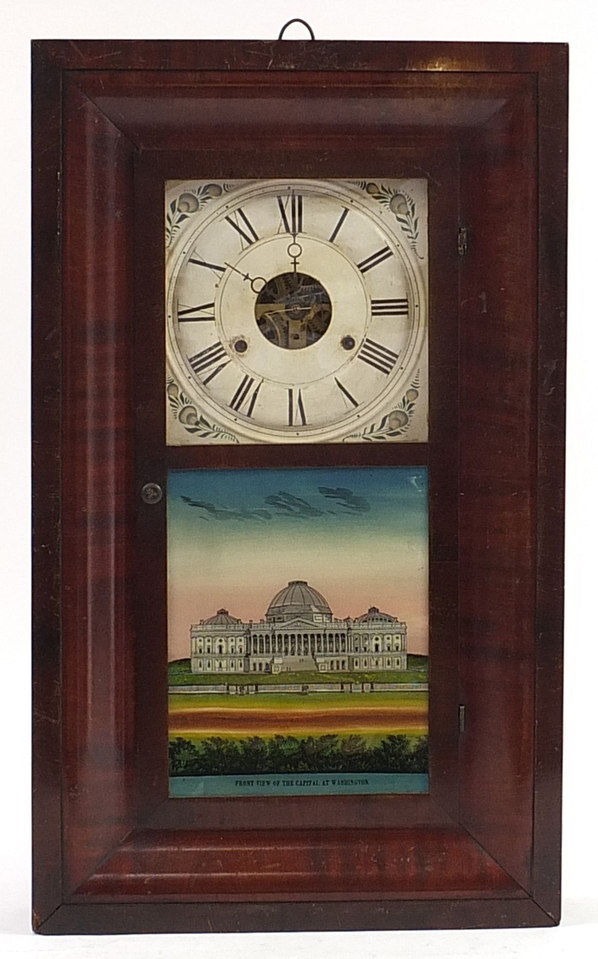 American striking wall clock, depicting "The Front View Of The Capital At Washington" 66cm H x 39.